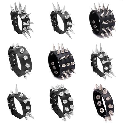 Hip Hop Herren Silberfarbenes Stachel-Rock-Armband Armreifen Damen Vintage Punk Cosplay Schwarz Goth PU-Leder Wickelarmband Emo Schmuck