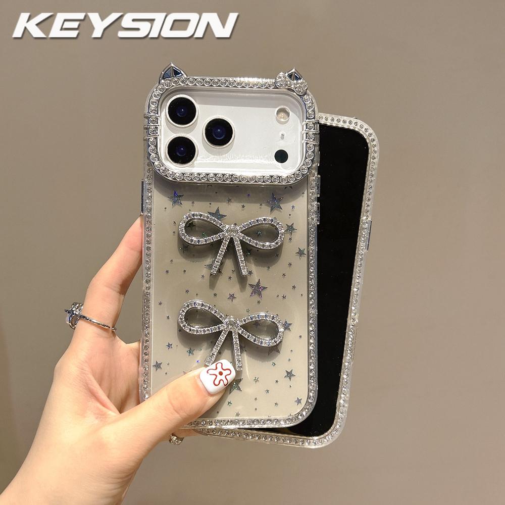 KEYSION Cute 3D Cat Ear Transparent Phone Case for iPhone 14 15 Pro Max 14 15 Plus Glitter Jewelled Bowknot Shockproof Back Cover