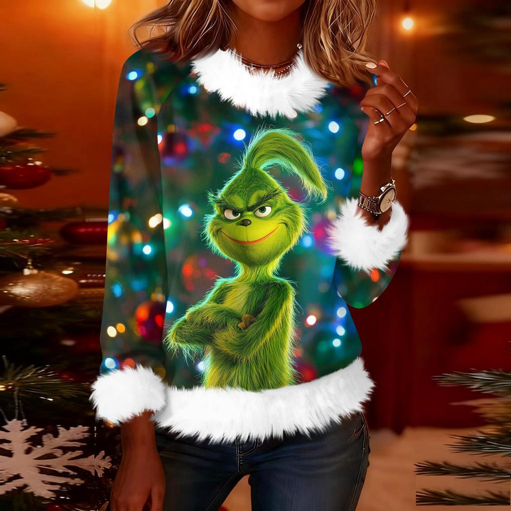 Women's Fashionable Christmas Printed Round Neck Long Sleeved Casual Pullover T-shirt Top