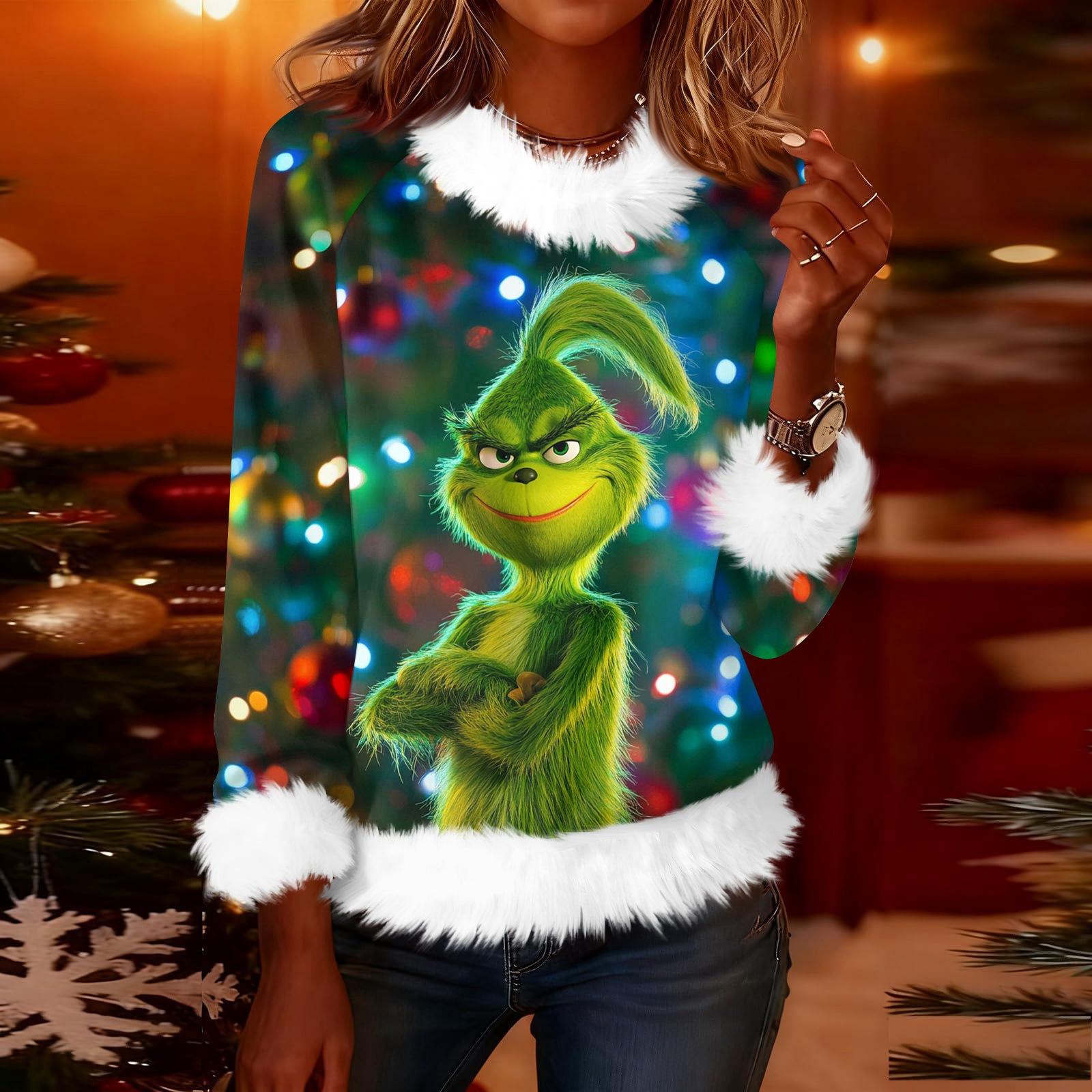 Women s Fashionable Christmas Printed Round Neck Long Sleeved Casual Pullover T-shirt Top M