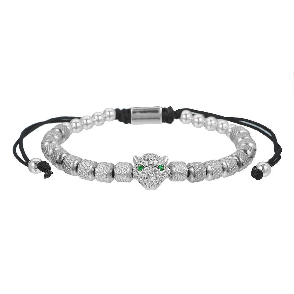 

Мужской панк плетеный браслет из титановой стали с головой леопарда, цирконом и бусинами в виде ананаса.