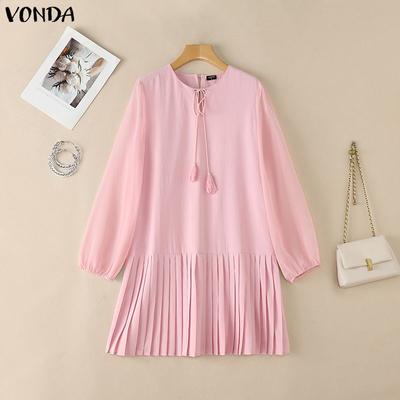 Women's Casual Long Lantern Sleeve Pleated Hem Mini Tunic Dress