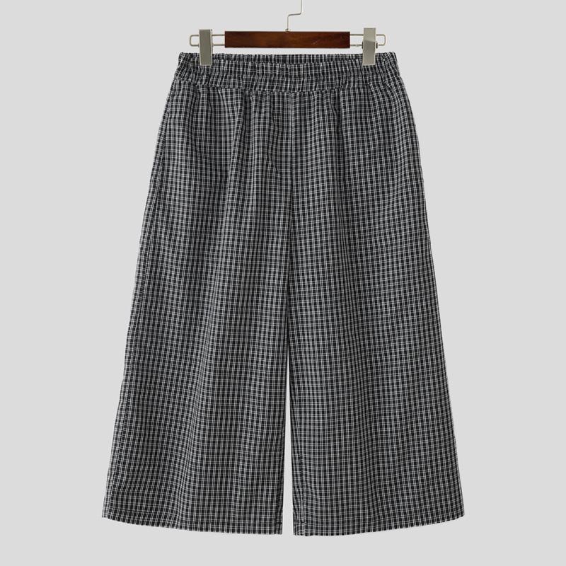 

INCERUN Men Elastic Waist Plaid Print Casual Loose Wide Legs Capri Pants Shorts S чёрный