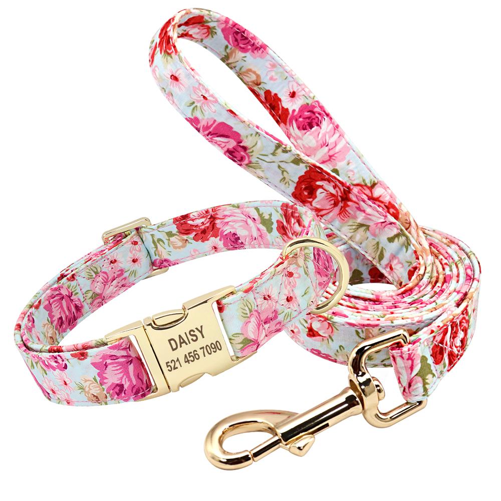 Personalized Dog Collar And Leash Set Nylon Dog Collars Floral Printed Pet Walking Leash Customized ID Tag For Medium Large Dogs