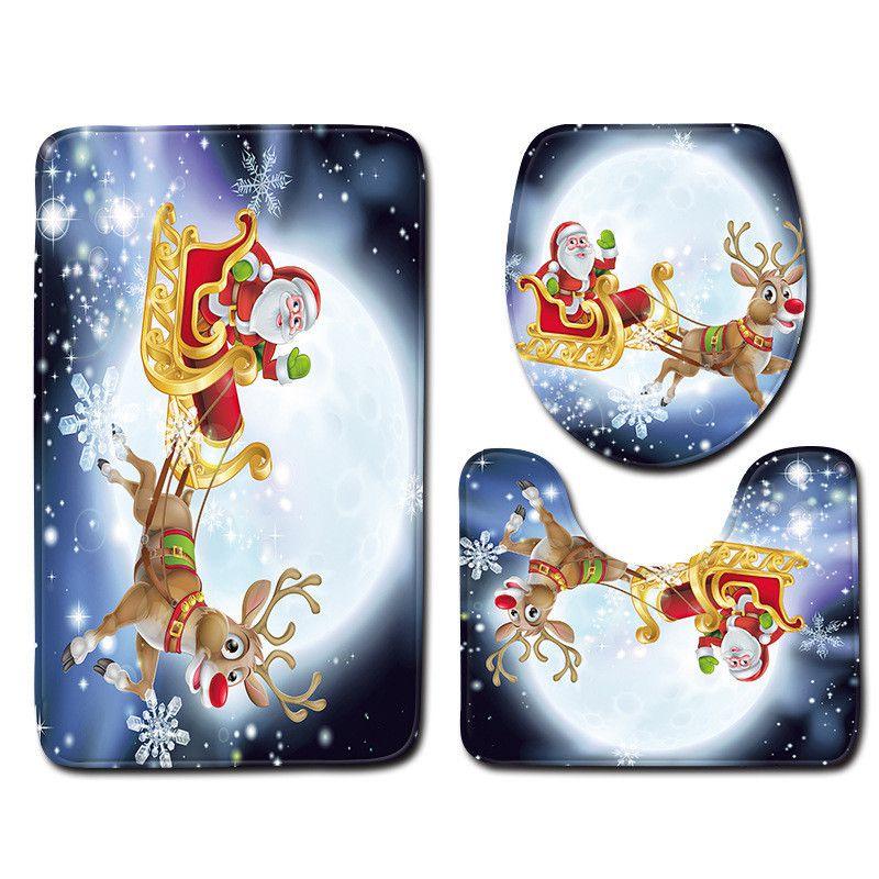 4pcs Shower Christmas Curtain Toilet Cushion Set Cover Mat Pad Rug Xmas Bathroom