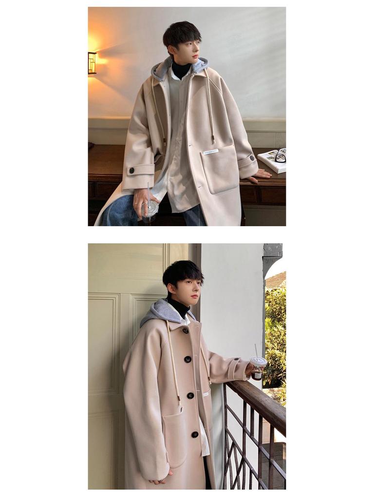 Men's Mid-Length Woolen Hooded Coat - Autumn/Winter Style, Over-The-Knee, Trendy High-End Thick Windbreaker