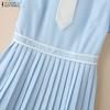 ZANZEA Women Splice Collar Casual Short Sleeve Elegant Pleated Dress