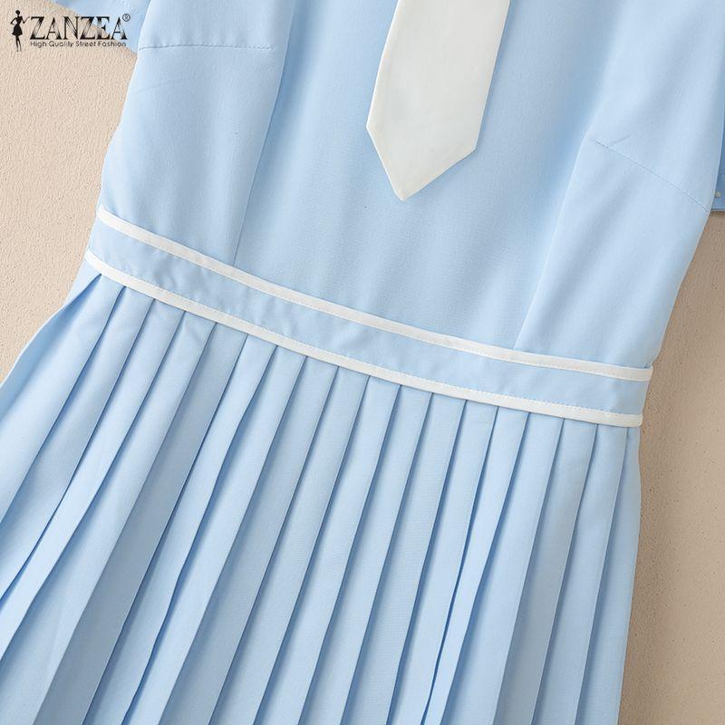 ZANZEA Women Splice Collar Casual Short Sleeve Elegant Pleated Dress
