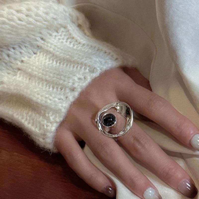 Copper Rings For Women Geometric Fine Jewelry Finger Adjustable Vintage Circle Black Beads Ring For Birthday Gift