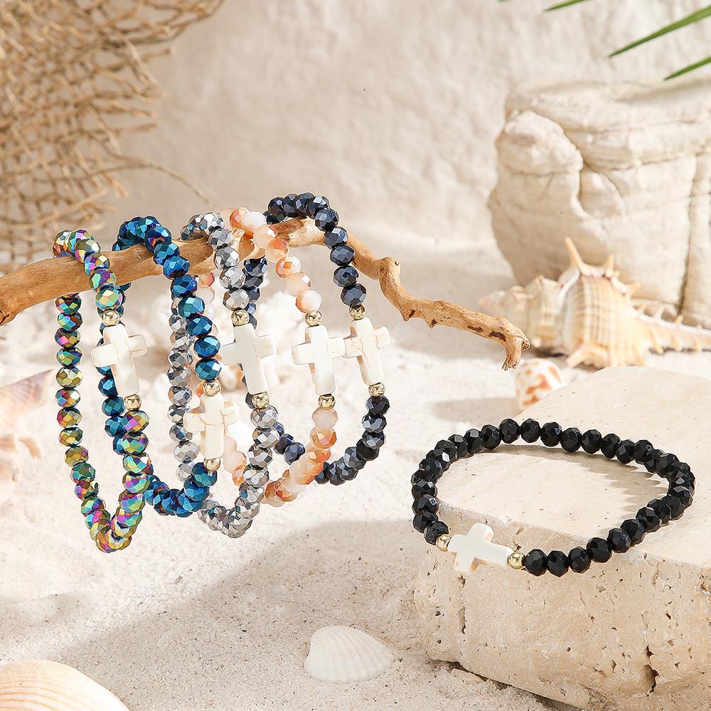 Bohemian Lady Stacking Bracelet With Turquoise Cross And Colorful Crystals For Travel Gift
