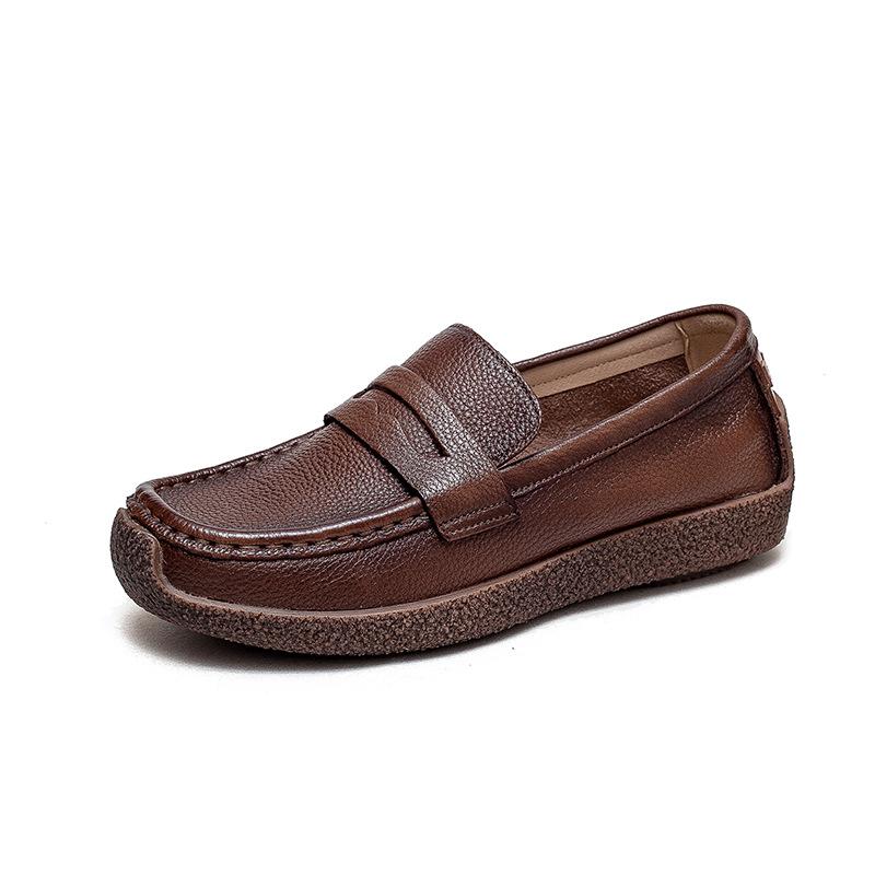 Johnature Retro Women Genuine Leather Flats Shoes Handmade Shallow Soft Sole Casual Round Toe Loafers