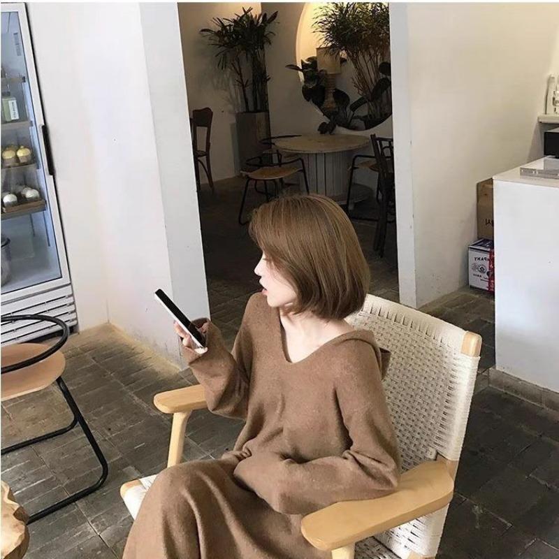 Hooded knitted dress women's autumn and winter inner wear loose lazy style temperament medium and long knee sweater backing skirt