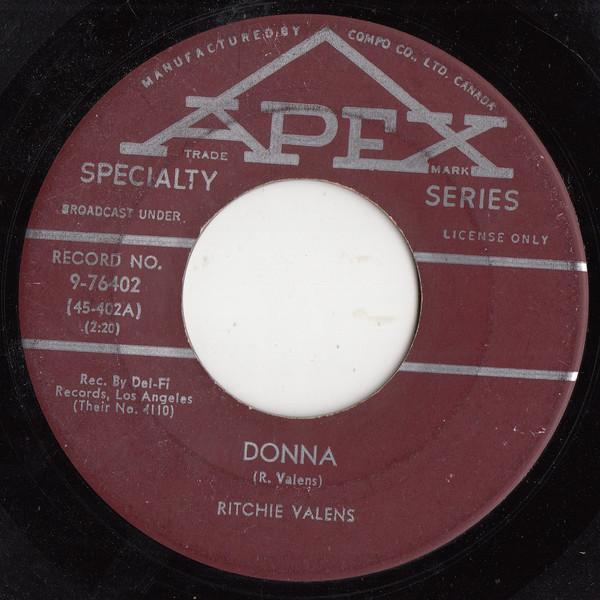

7inch Record RITCHIE VALENS - Donna / La Bamba 976402 APEX 1959 Canada Rock Used