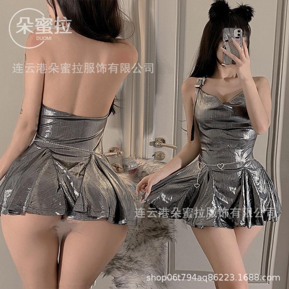 Domila's New Sexy and Fashionable Neck and Waist Slim-fitting Glossy Ruffle Edge Sexy Underwear Dress F451
