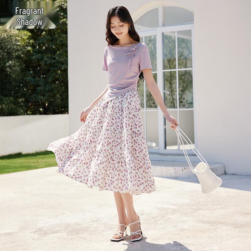 Xiangying Chiffon Floral Midi Skirt L