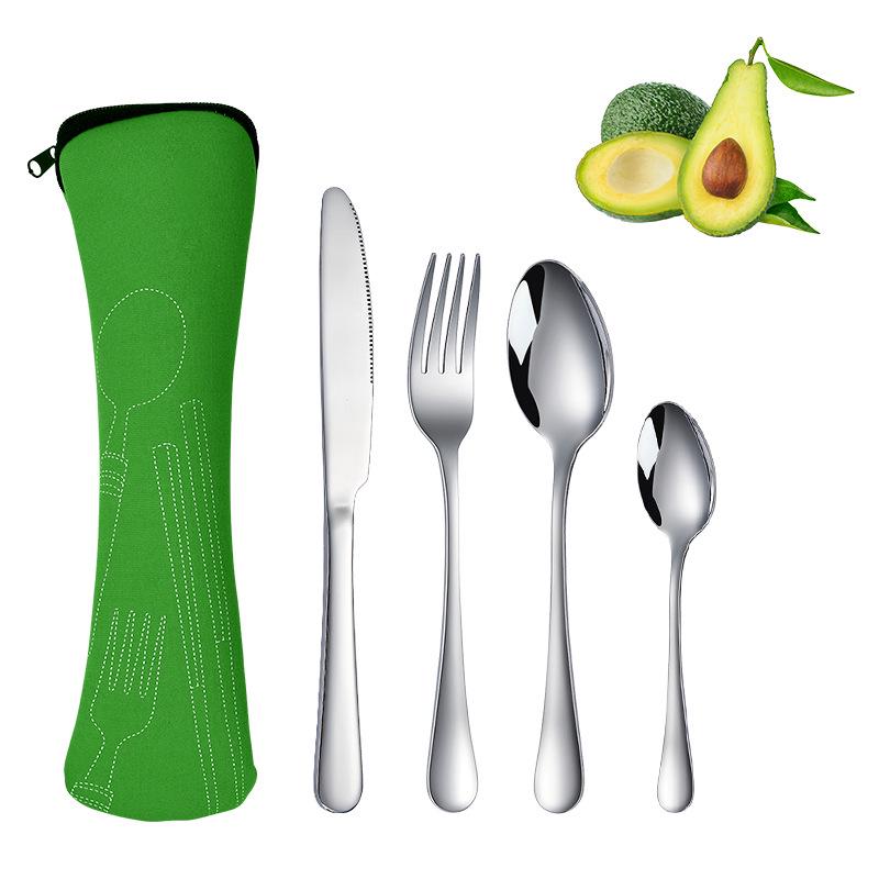 Stainless Steel Travel Cutlery Set: Knife, Fork, Spoon, Bottle Opener with Portable Storage Bag for Outdoor Camping