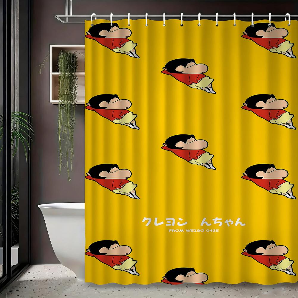 Crayon Shin-Chan Himawari & Pink Crocodile Toy Cartoon 2D Print Waterproof Shower Curtain, Minimalist White With Colorful Stars