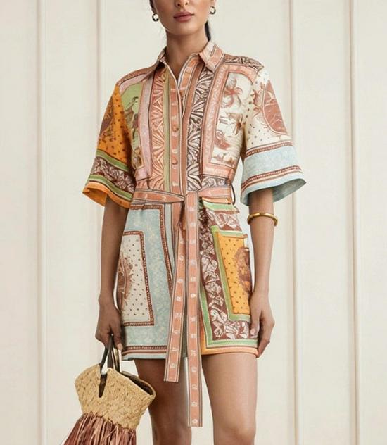 

Women s Retro Silk Scarf Print Short Sleeve Tie-Up Dress S