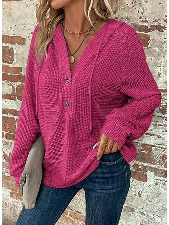 Comfortable Women s Casual Long Sleeve V-Neck Hoodie Waffle Knit Drawstring Button S