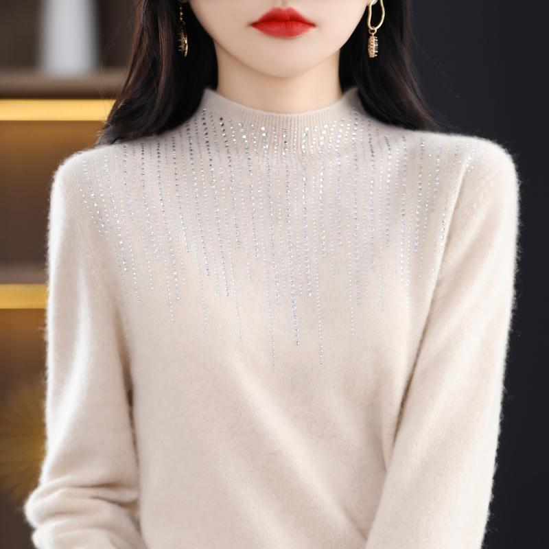 Women's Half Turtleneck Diamond Sweater, Qinghe Cashmere, 30% Cashmere 70% Wool, Winter Knitted Pullover Autumn Sweater Cashmere Sweater