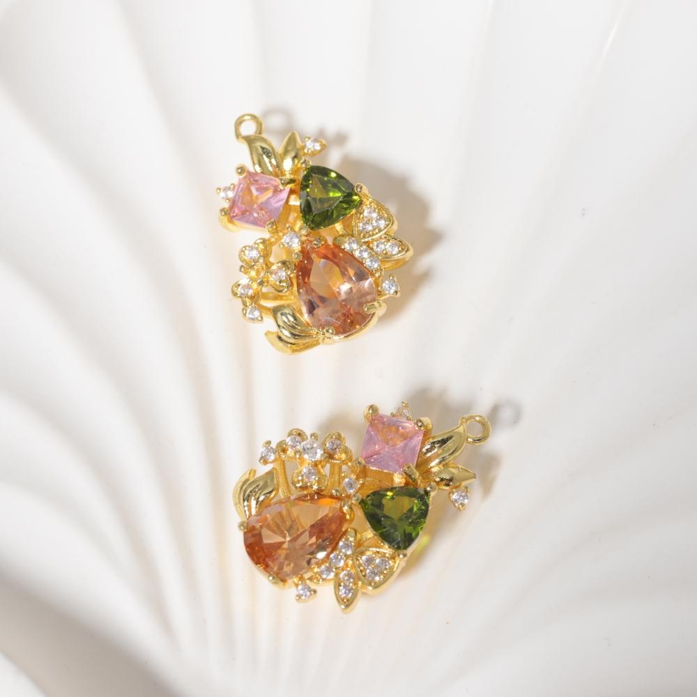 Multicolor Zirconia Floral Leaf Copper Charms, Golden Plated DIY Pendants for Earring Necklace Craft Making