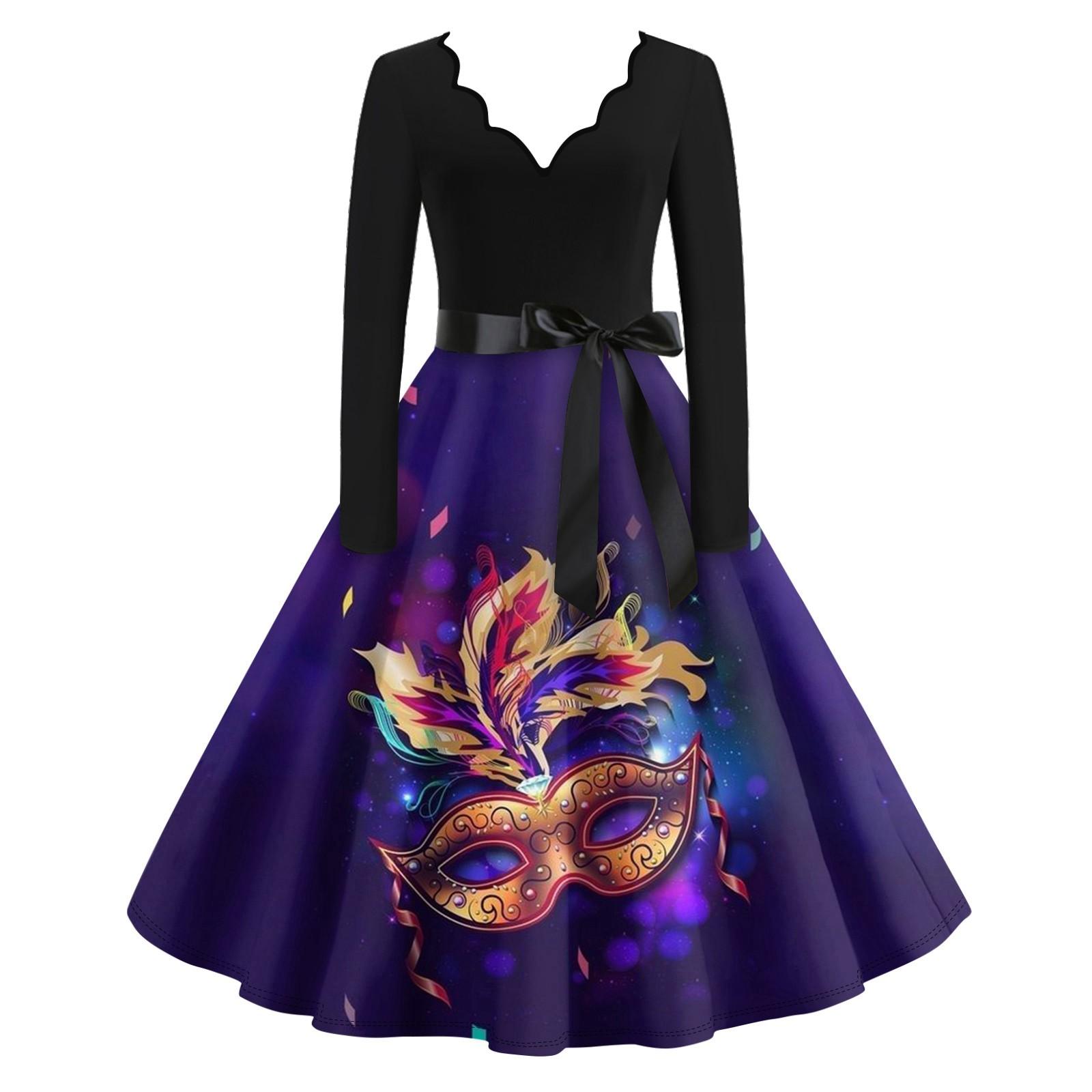 

Женское повседневное модное платье с V-образным вырезом и длинным рукавом с принтом в винтажном стиле M