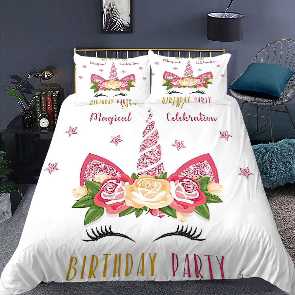 Enhörning Påslakanset King Queen Size Tecknad Färgglad Enhörning Söt Blomma Stjärna för Tonåringar Pojkar Flicka Barn Polyester Sängklädesset