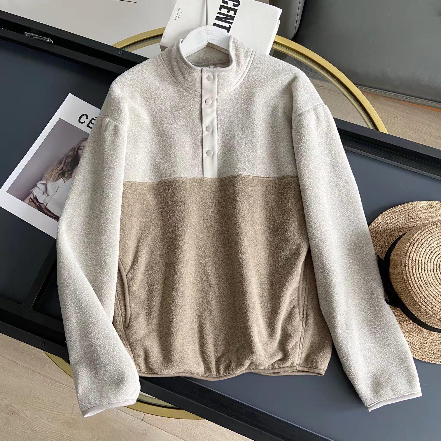 

Autumn/Winter Retro Color Block Fleece Button-Up Pullover for Couples XL