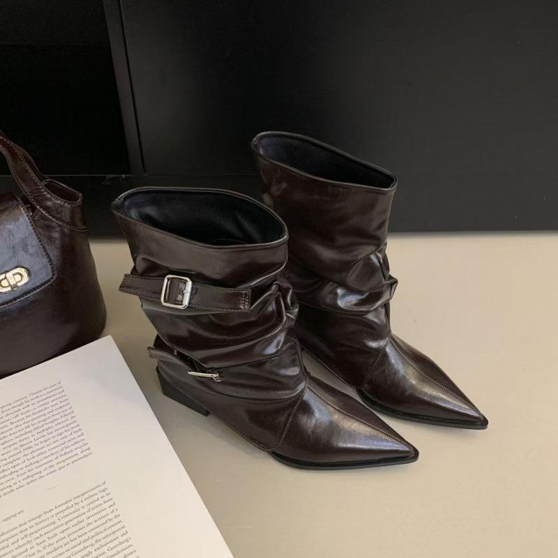 

2025 лето новые остроносые ретро ботинки Мартин дизайн плиссированные ботинки гармошкой мягкая кожа тонкие широкие ботинки женские 41