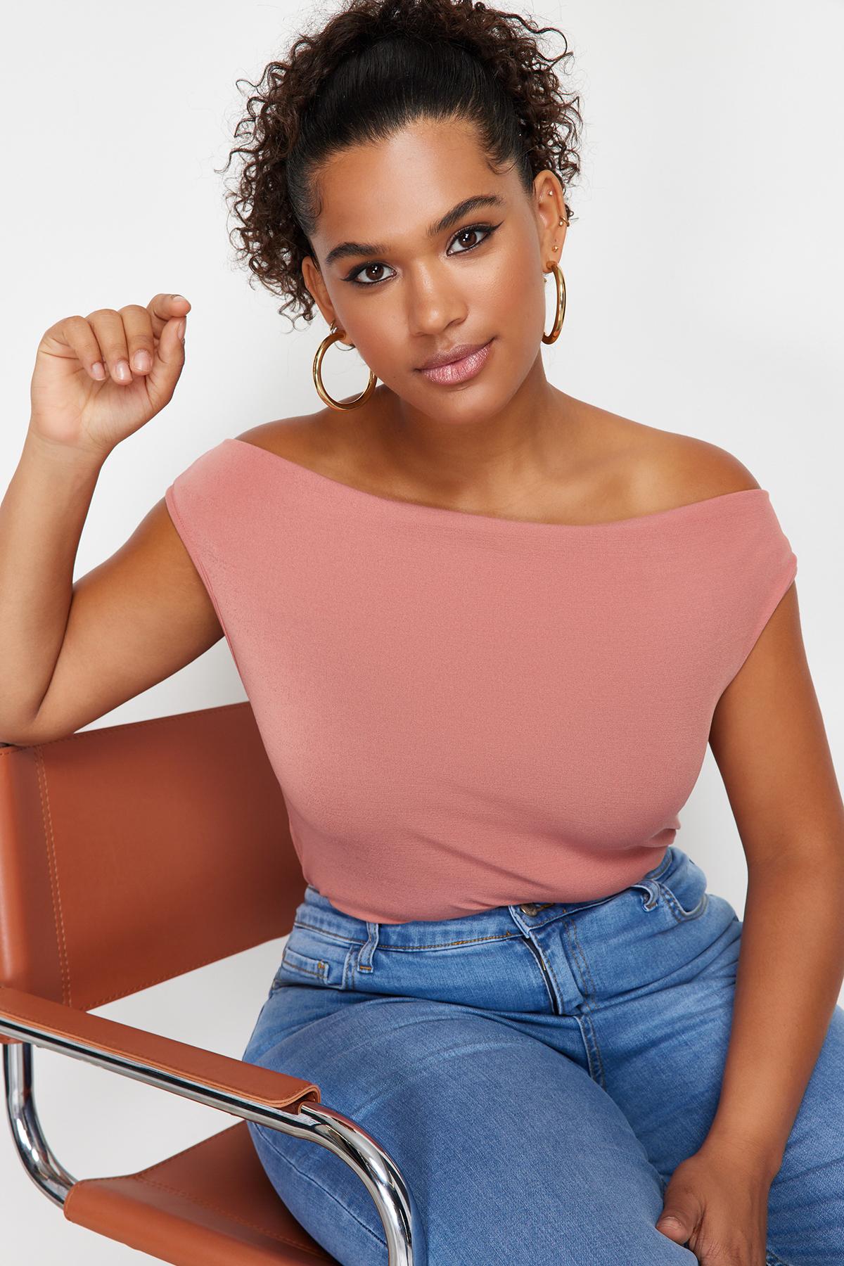 

Women s Style Plus Size Dusty Rose Boat Collar Knitted Blouse 2XL