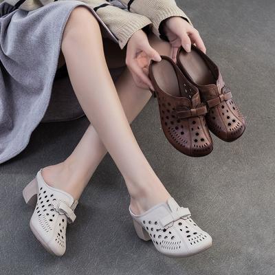 Mode GKTINOO 2025 Sommer Neue Retro Mittelhohe Outdoor-Slipper Echtes Leder Bequem Atmungsaktiv Vielseitig Damenschuhe