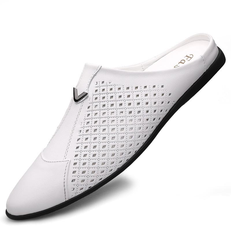 Fashion Italian Mens Slippers Genuine Leather Muller Shoes Men Loafers Outdoor Non-slip Black Casual Half Slipper Men Fashion Shoes Man