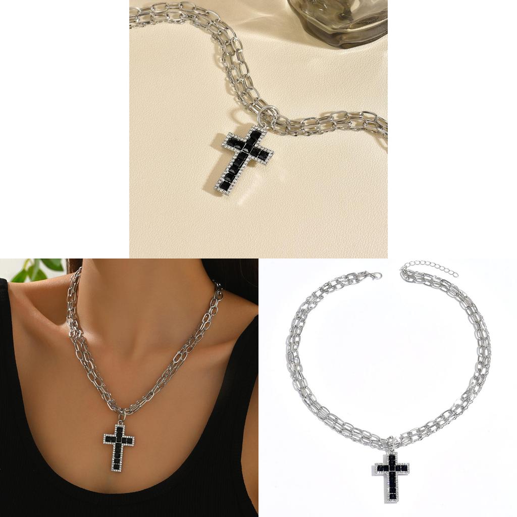 Gothic Cross Pendant Necklace With Geometric Alloy Chain For Men And Women