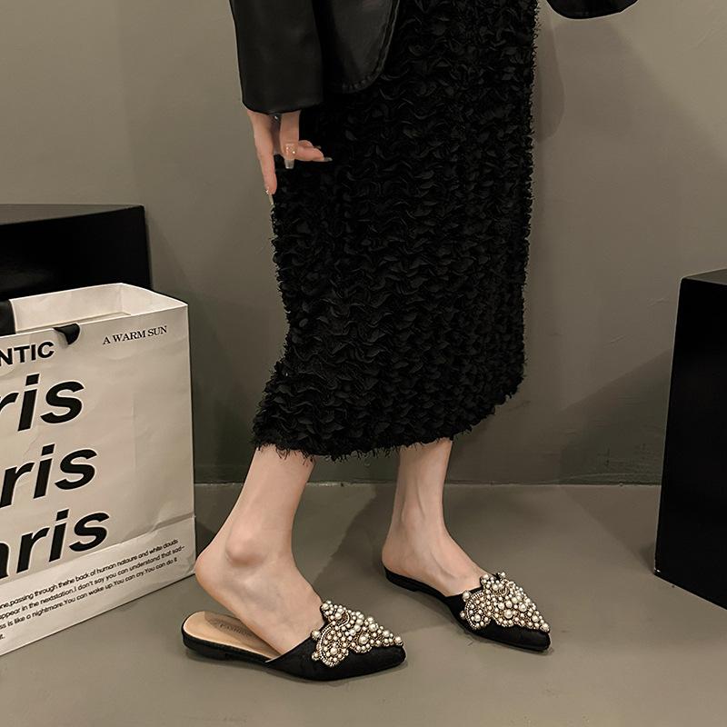 Temperament Bag Head Lace Women's Shoes Flat Pointed Half Slippers Women's Summer Cool Slippers Pearl Rhinestone Lazy Slippers