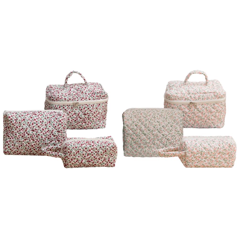 

#L 3Pcs Floral Makeup Bag Cotton Quilted Cosmetic Bag Toiletry Bag for Women (Re