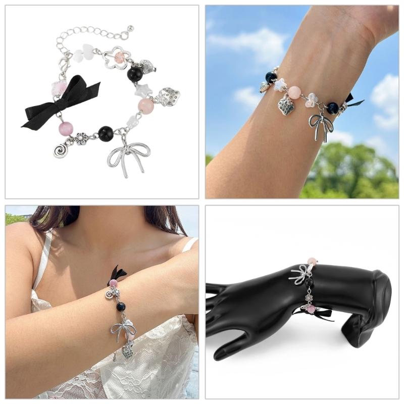 Faux Pearls Beaded Bracelet with Bowknot Pendant Butterfly Knot Charm Wristchain Adjustable Length Handchain Ornament