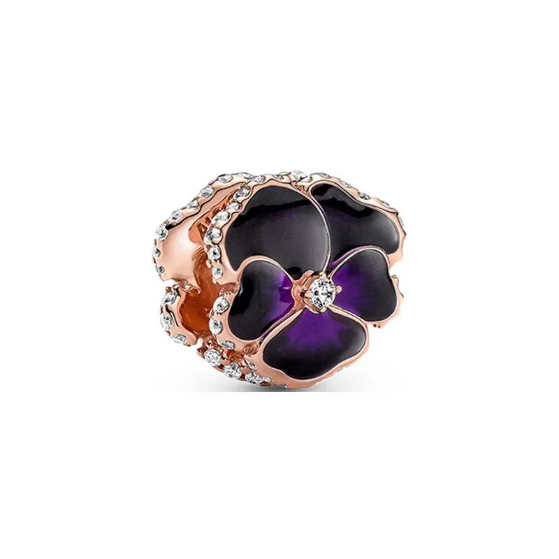 

925 Silver Flower Snake Charms Pansy Cherry Blossom Heart Enamel Glass Bead Pendent Fit Bracelet Jewelry Gift for Women