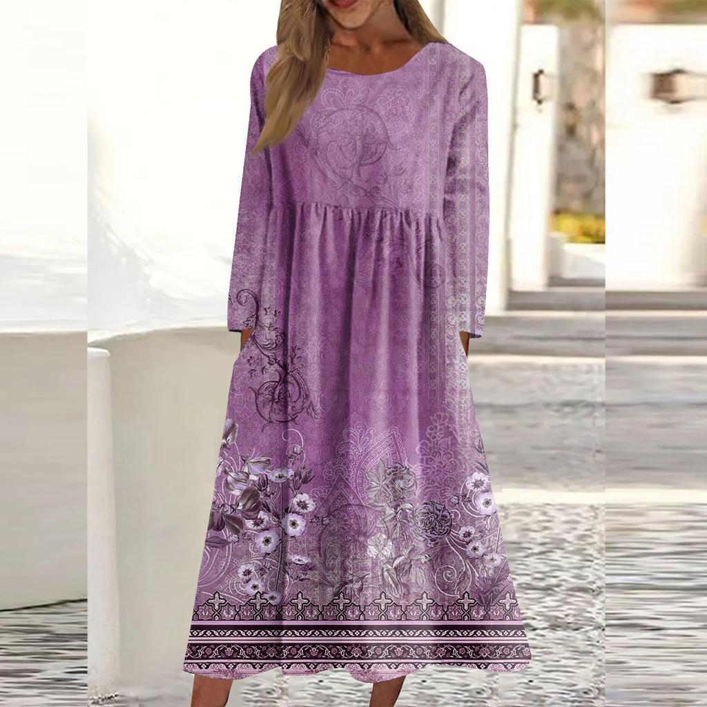 Women's Casual -neck Print Mid-length Dress Long-sleeved Pocket Dress