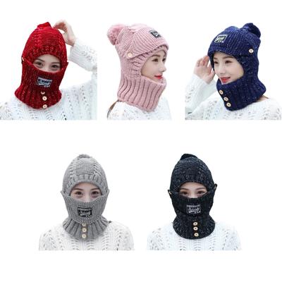 Hooded Hat Scarf Wrap Knit Trapper Hat Women Fleece Lined Winter Hat Scarf Mask Set Winter Balaclava Fleece Hood Ski
