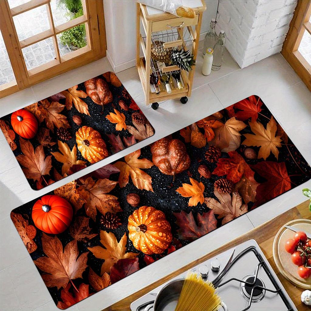 Fall Harvest Pumpkin & Maple Leaf Kitchen Mat, Non-Slip Floor Rug for Indoor Outdoor, Entryway & Home Decor