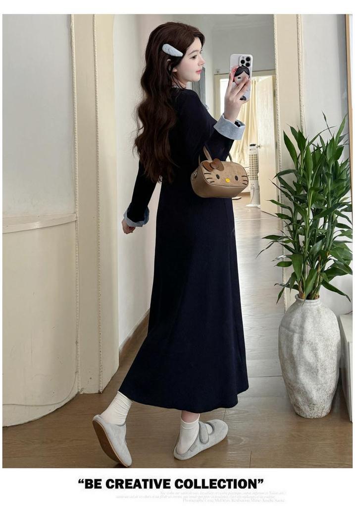 Autumn/Winter 2025 French-Style High-End Navy Blue Maternity Dress