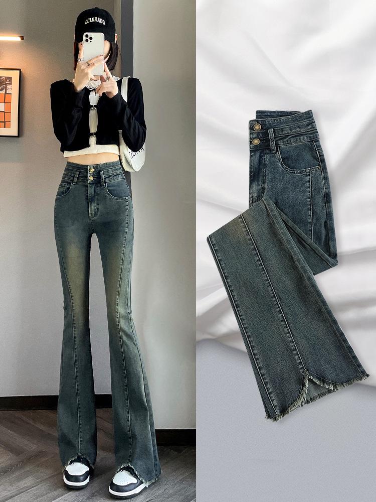 

Autumn Slimming Micro-Flare Jeans with Raw Hem Slit for Women XL