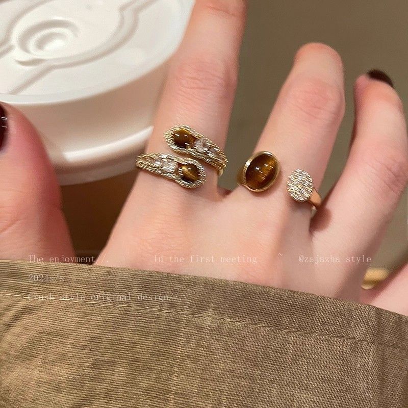 Maillard Tiger's Eye Stone Zircon Ring Girls 2025 New Light Luxury High-end Index Finger Ring Fashion Personality Ring