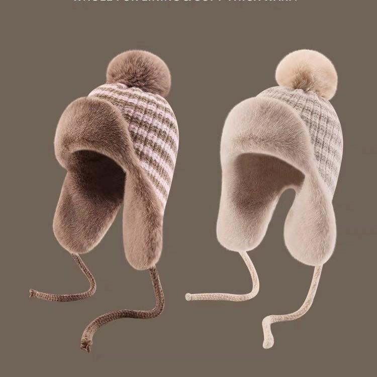 Winter Plush Thickened Wool Ball Knitted Plush Lei Feng Hat for Women's Ear Protection Hat Stripes Retro Big Head Cycling Hat