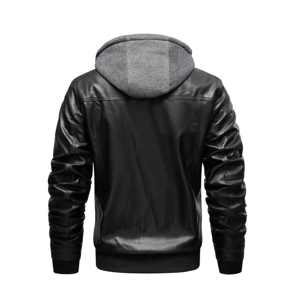 Men's Winter Plus Size PU Leather Jacket with Detachable Hood - Fleece-Lined Motorcycle Coat, European & American Style