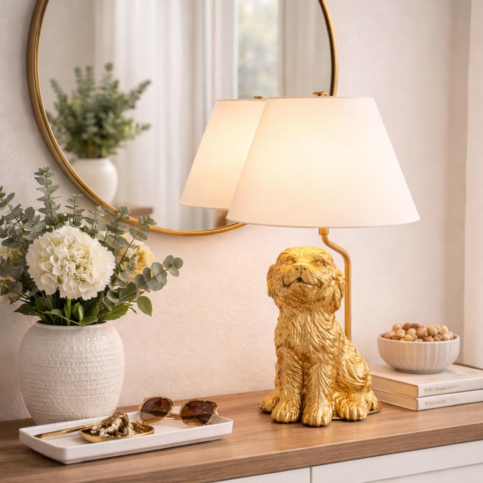 

Home Decor Series: Dog-Shaped Table Lamp With Gold-Painted Lampshade And Conical Linen Lampshade One Size