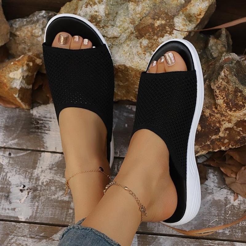 Women's Knitted Breathable Mesh Slide Sandals Soft Flat Sandals with Open Toe Platform Non-Slip Light Casual Summer Beach Shoes