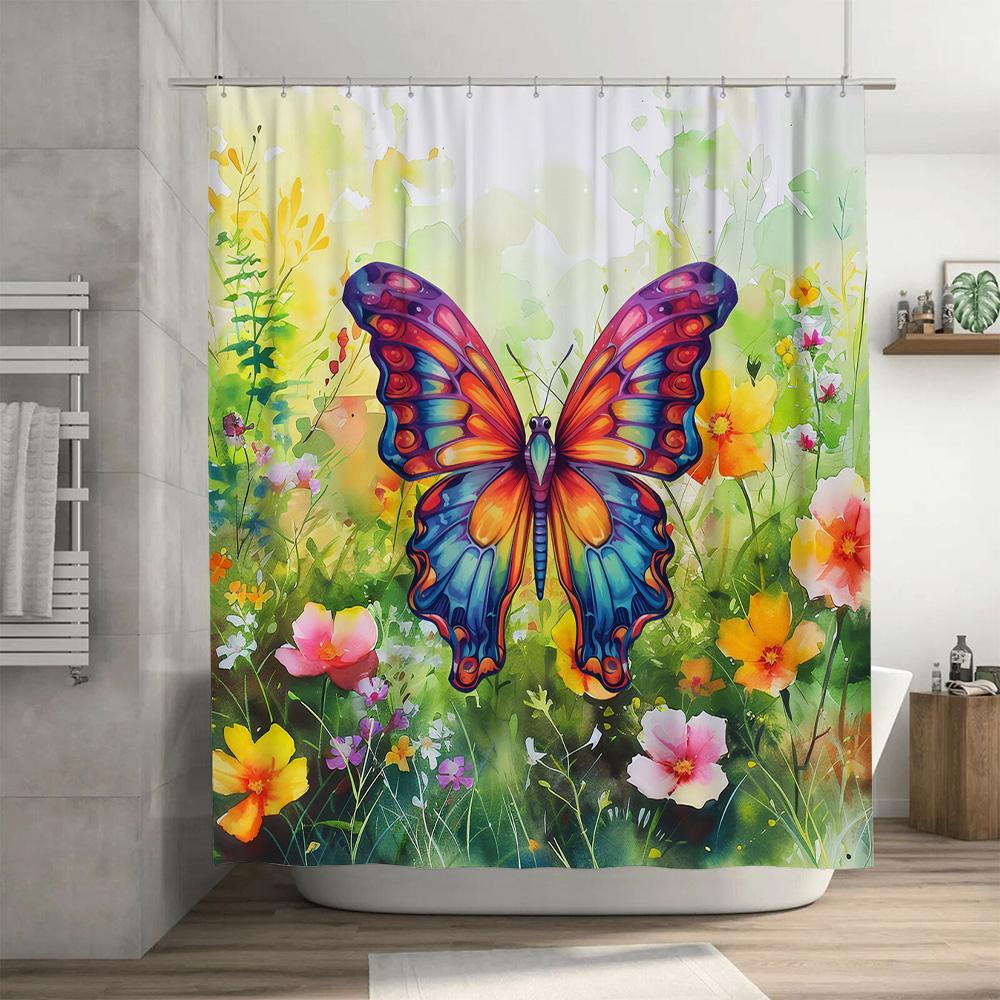 Vibrant Butterfly Garden: Colorful Floral Shower Curtain for a Lively and Nature-Inspired Bathroom Décor