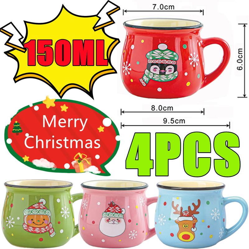 4-1PC Mini Kawaii Christmas Mugs Ceramic Cups Santa Claus Elk Figurines Creative Gift For Office Home Milk Coffee Tea Cup 150ml