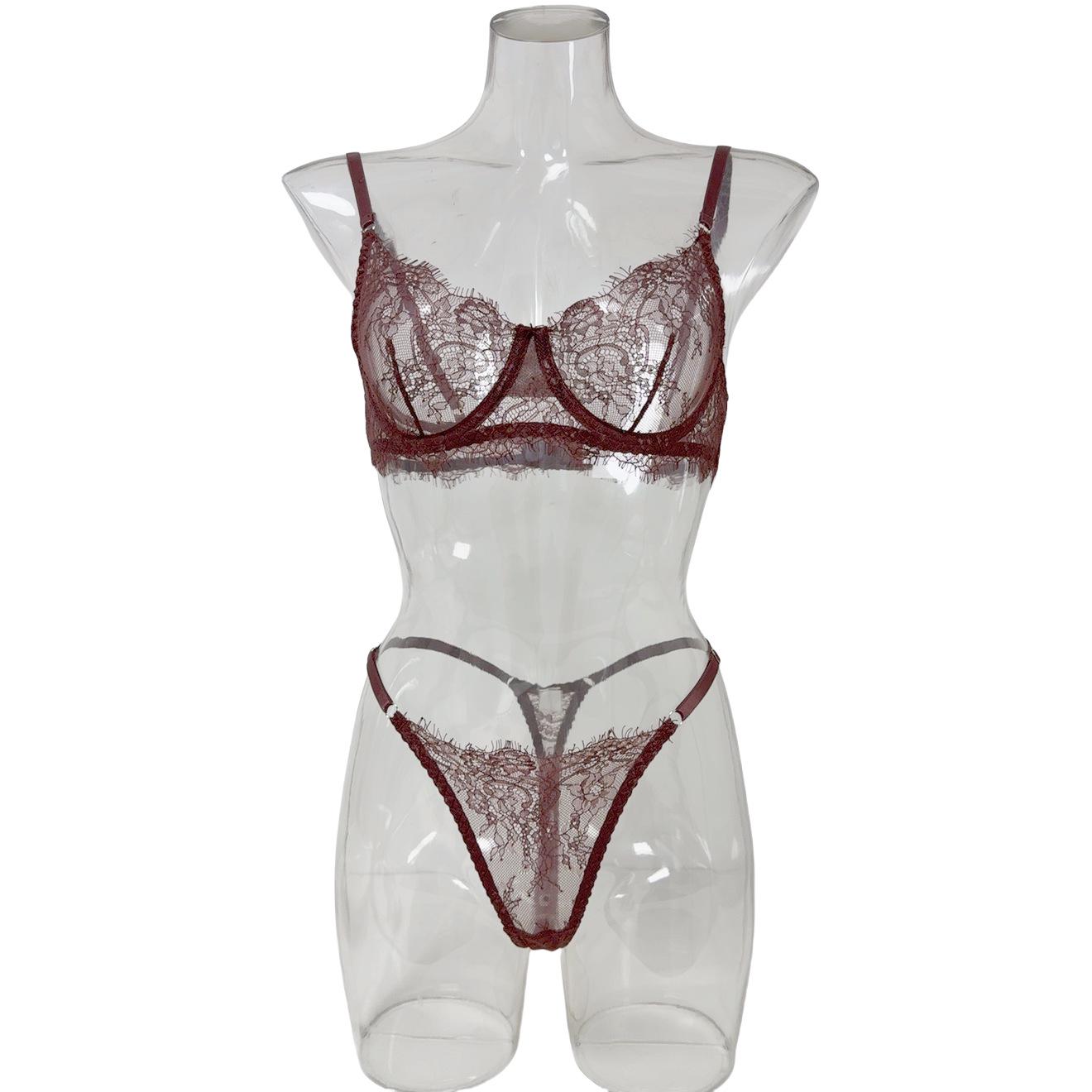 

Прозрачный комплект из кружевного бюстгальтера и стрингов для полной груди Extra Large кофейный